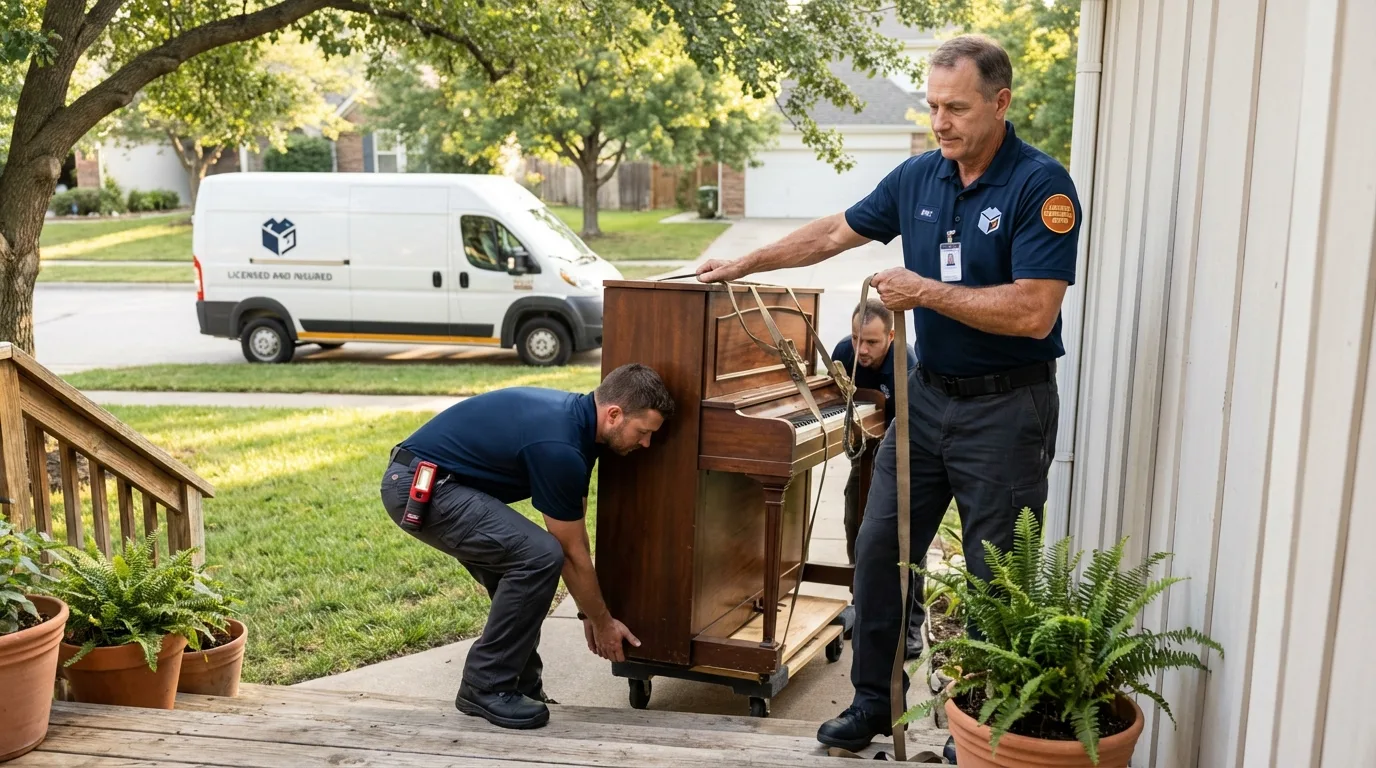 Licensed piano movers securing grand piano in Myrtle Point, OR