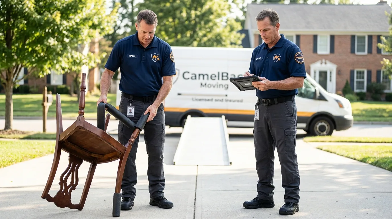 Movers inspecting furniture for damage prevention before loading in Myrtle Point, OR