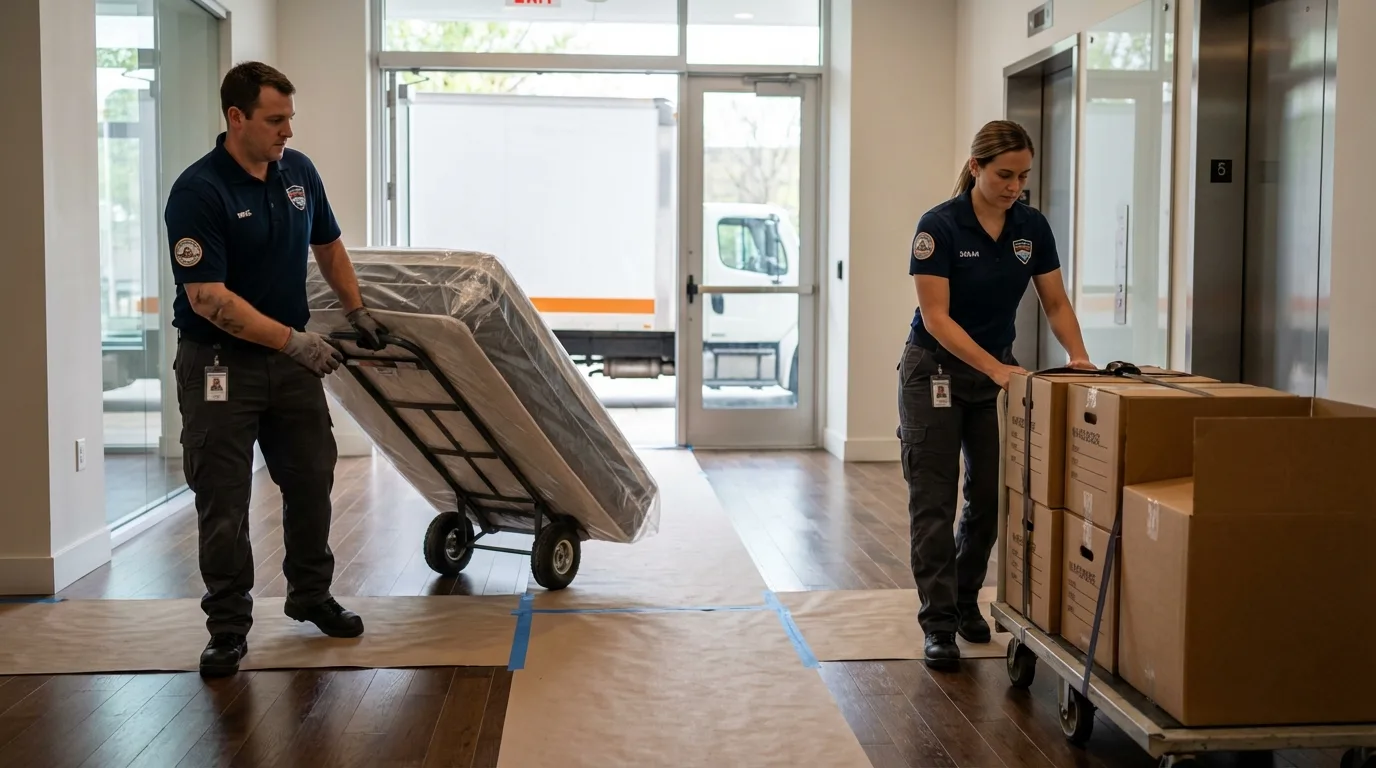 Professional apartment movers loading elevator in Myrtle Point, OR